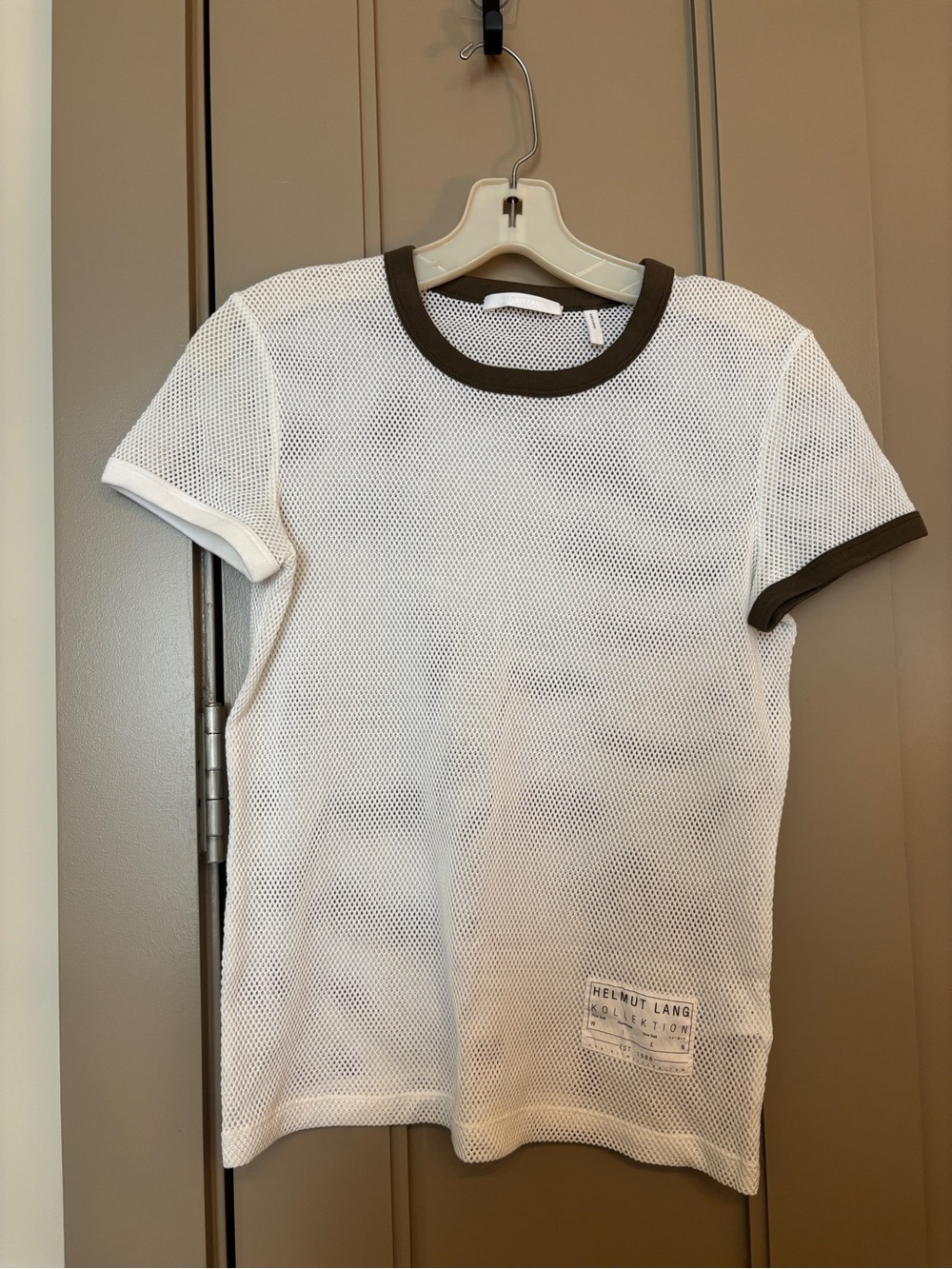 NWOT Helmut Lang Unisex White Mesh Short Sleeve Tee with Olive and WhiteTrim
